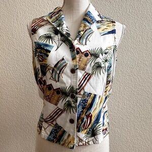 JAMAICA BAY Women's Tropical Floral Beach Tan Sleeveless Button Down Shirt Med